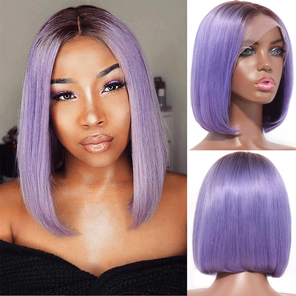 Blackmoon 13x4 T-part Front Lace Short Bob Straight Wigs T1B/Purple Color Pre Plucked Brazilian Human Hair For Women