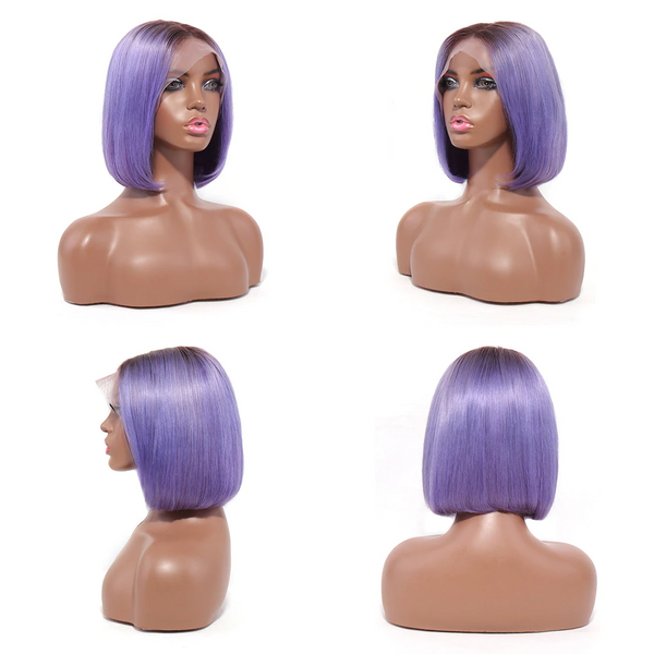 Blackmoon 13x4 T-part Front Lace Short Bob Straight Wigs T1B/Purple Color Pre Plucked Brazilian Human Hair For Women