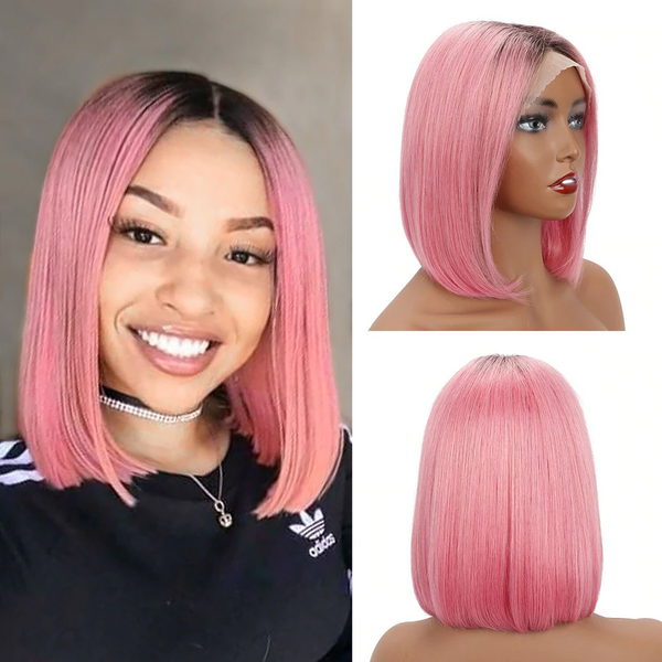 Blackmoon 13x4x1 T Part Bob Lace Front Wigs T1B/ Hot Pink Colored Straight Brazilian Virgin Human Hair