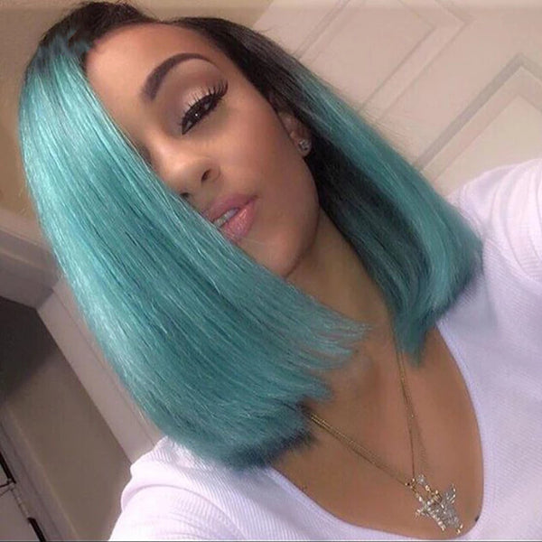 Blackmoon 13×4x1 Frontal Colored Short Bob Wigs T1B/Sky Blue Straight Virgin Human Hair for Lady Middle Part