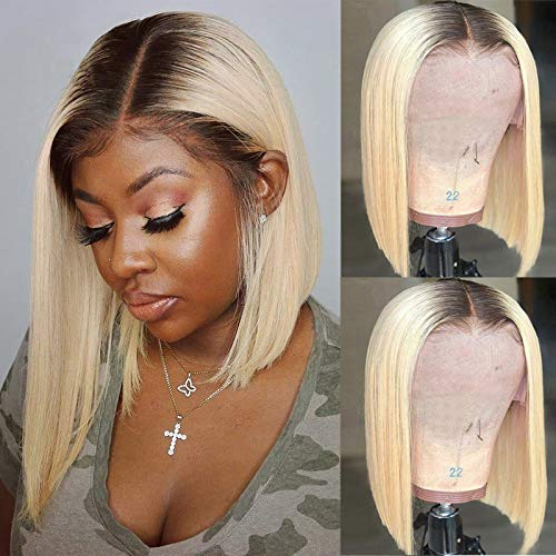 Blackmoon Ombre T Part Lace Front Bob Wigs 1B/613 Short Blonde Silky Straight Human Hair Pre Plucked with Baby Hair