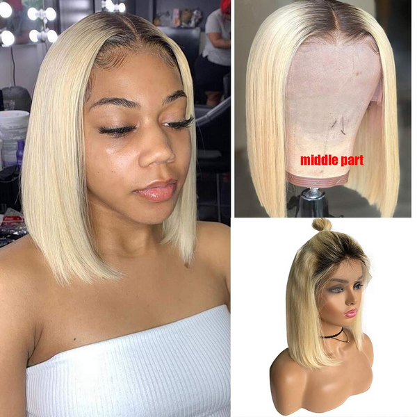 Blackmoon Ombre T Part Lace Front Bob Wigs 1B/613 Short Blonde Silky Straight Human Hair Pre Plucked with Baby Hair