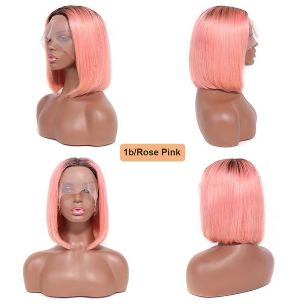 Blackmoon T1B/Rose Pink Bob Wigs Human Hair T Part Lace Front Wigs Straight Brazilian Virgin Hair