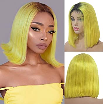 Blackmoon Short Bob 13x4x1 T Part Lace Front Soft Remy Human Hair Wigs Pre Plucked T1B/ Neon